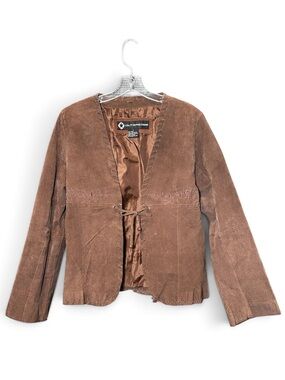 Outer Edge Womens L Brown Suede Leather Jacket Tie Front Embroidered Western Y2K